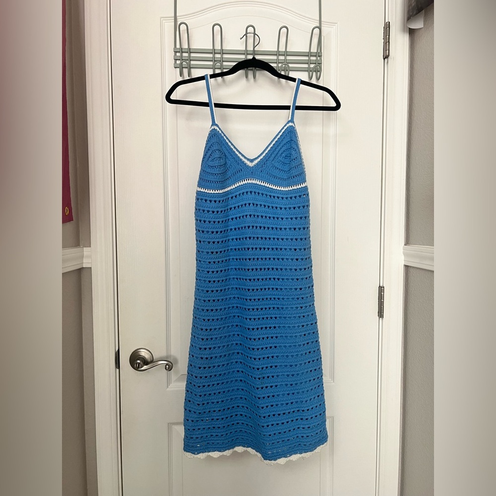 Blue Crochet Dress with White Trim